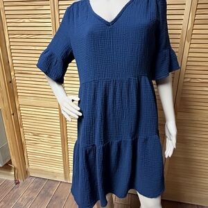 Women’s dark navy tiered large dress 100% cotton comfy lined